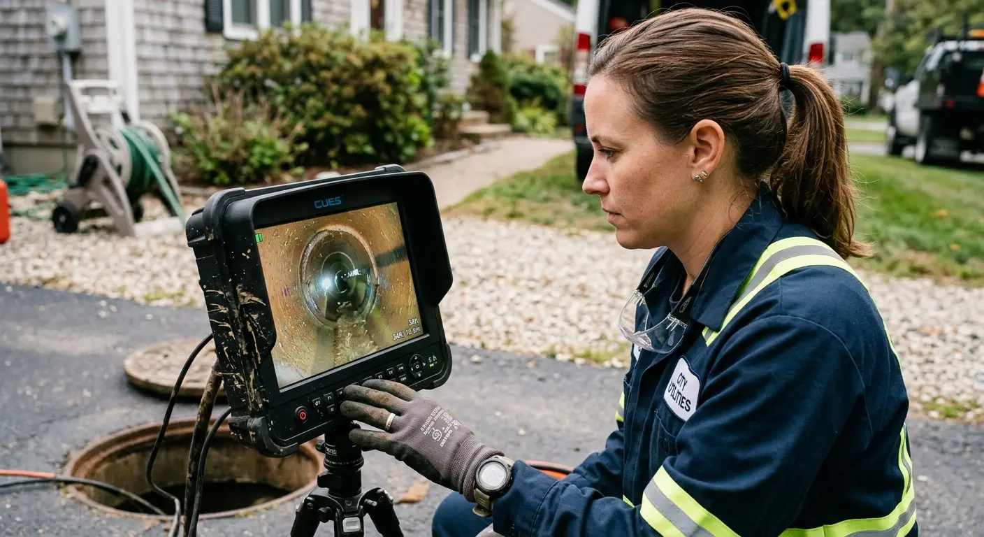 Technician reviewing sewer camera inspection footage in Camden