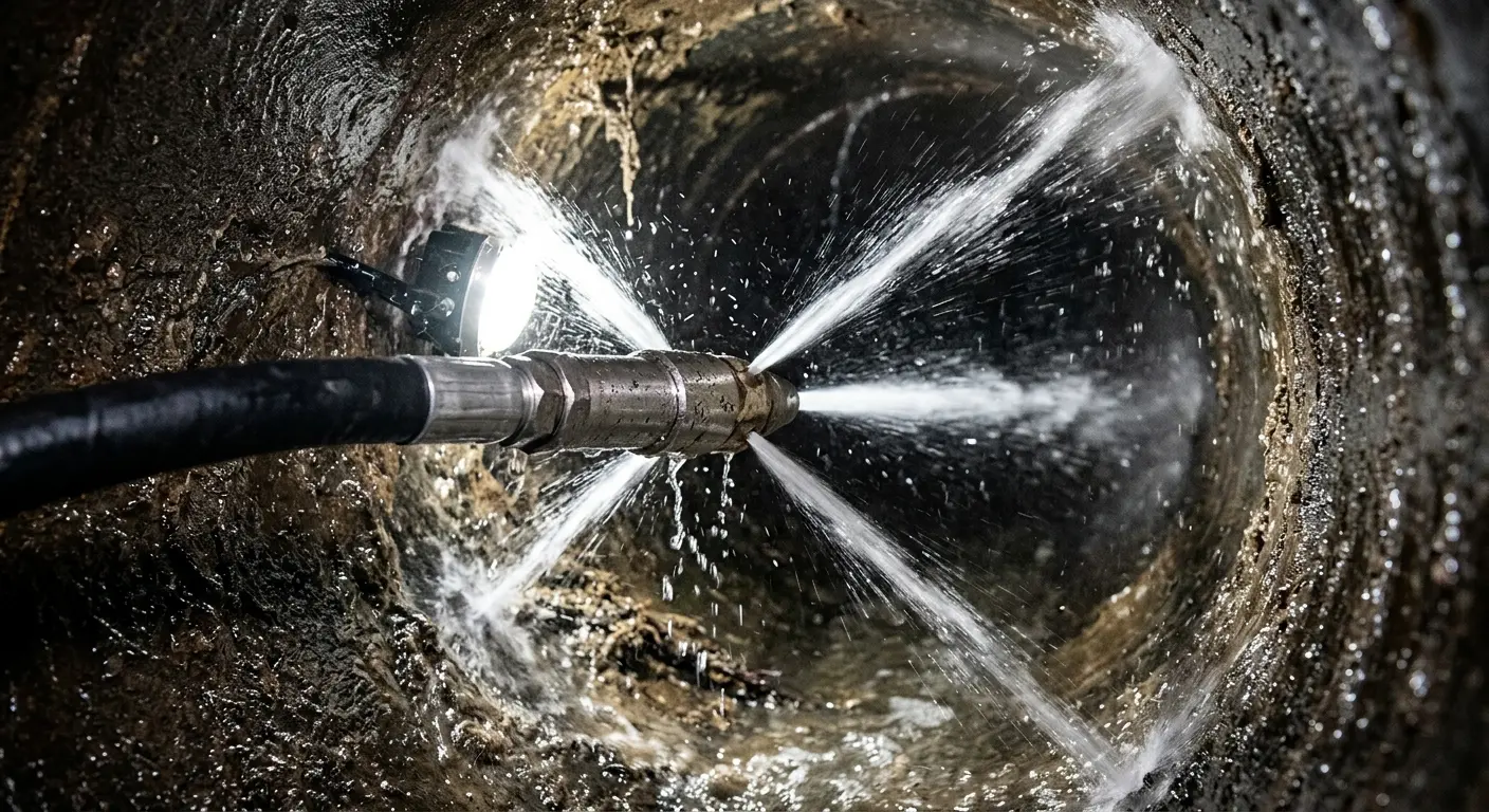 High-pressure hydro jetting nozzle cleaning sewer pipe for Sewer Cleanout in Camden